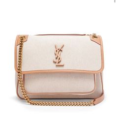 Brand New Ysl Niki Beige Canvas Logo Flap Chain Shoulder Bag With Brown Leather Trim. Gold Hardware Chain. The Soft Leather Interior Has Some Scratches But Not From Use Or Wear. Visible In Photos. Yves Saint Laurent Bags, Bag Canvas, Chain Shoulder Bag, Leather Interior, Leather Trim, Leather Trims, Gold Hardware, Soft Leather, Yves Saint Laurent