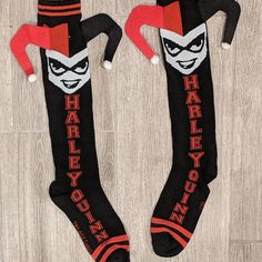 Knee High Harley Quinn Character Socks! New Without Tags. Never Worn. Cute Black Knee-high Socks For Winter, Black Knee-high Socks For Cosplay, Trendy Black Stockings For Cosplay, Black Thigh High Socks For Cosplay, Black Stockings For Cosplay In Winter, Playful Black Winter Socks, Cute Thigh High Socks, Thigh High Socks, Batgirl