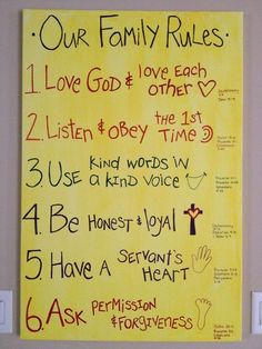 a yellow sign with words written on it that read our family rules love god, love each other