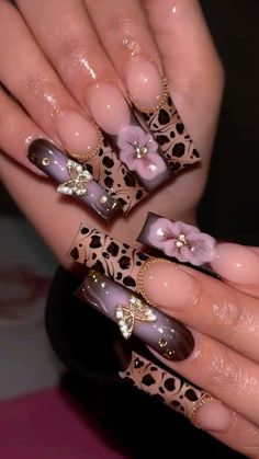 Nail Inspiration Birthday, Fall Y2k Nails, Purple And Brown Nails, Pink And Brown Nails Design, Nails Cute Aesthetic, Cheetah Print Nails, Leopard Print Nails