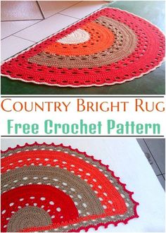 crocheted rugs with the words country bright rug written in white and red