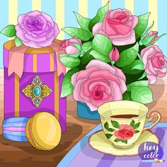 a painting of pink roses in a vase next to a cup and saucer