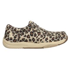 These casual Clearcut shoes from Roper are just what you need. These shoes have a moisture wicking lining, and two eyelet elastic lace up closure for an easy fit. The leopard-print fabric shoes also have a removable comfort insole, and have a durable thermoplastic rubber outsole with a molded Ethylene-vinyl acetate midsole. Size: 9B.  Color: Beige.  Gender: female.  Age Group: adult. Leopard Print Fabric, Slip On Flats, Fabric Shoes, Casual Flat Shoes, Elastic Laces, Casual Flats, Print Fabric, Shoes Women Heels, Gender Female