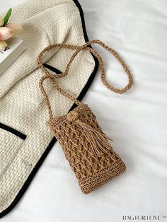 BagForLove - Compact Hollow Out Tassel Straw Bag for Stylish Vacations Trendy Rectangular Crochet Bag With Tassels, Rectangular Crochet Bag With Tassels For Daily Use, Beige Phone Bag With Adjustable Strap For Beach, Beige Crossbody Phone Bag For Beach, Casual Brown Phone Bag For Beach, Brown Rectangular Phone Bag For Beach, Rectangular Brown Phone Bag For Beach, Beige Phone Bag For Beach, Handmade Casual Phone Bag For Beach