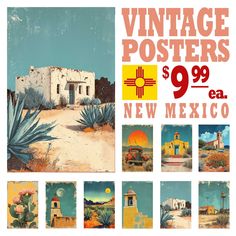 an advertisement for a new mexico store with images of old buildings and cactuses on it