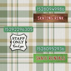 some type of skateboard stickers that are on a plaid fabric background with the words skating rink