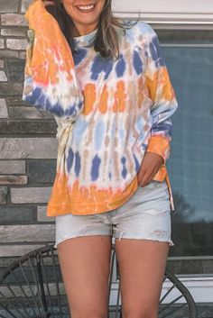 Orange Tie-dye Side Slits Pullover Sweatshirt Women Tie, Orange Tie, Tie Dye Designs, Round Neck Sweatshirts, Tie And Dye, Long Sleeve T Shirts, Casual Sweatshirt, Long Sleeve Sweatshirts, Long Sleeve Pullover