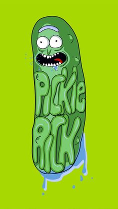 a green cartoon character with the words pickle talk on it's face and mouth