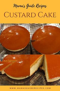 there is a cake that has been cut in half on the cooling rack, and then topped with caramel sauce