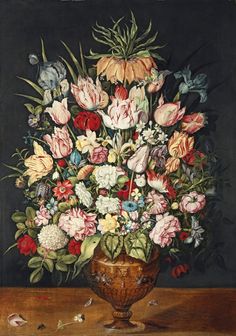 a painting of flowers in a vase on a table