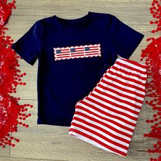 Boys 2pc Outfit Includes Navy Blue T-Shirt With Embroidered Flag Panel Across Front. Red And White Striped Shorts To Match. Perfect For 4th Of July Or Patriotic Holidays. Red Matching Cotton Sets, Two Pieces Set Outfits, Butterfly Skirt, Navy Blue T Shirt, Play Outfit, Flag Outfit, Color Block Sweatshirt, Sister Outfits, Tracksuit Jacket