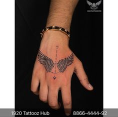 a person's hand with a tattoo on it and an arrow in the middle