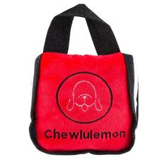 a red and black bag with a dog's head on the front, which says chellilemon