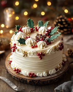 a white frosted christmas cake with holly and berries on top, sitting on a wooden board