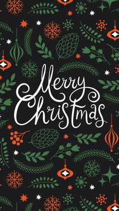 a christmas card with the words merry and pine branches in white lettering on a black background