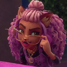 a cartoon character with pink hair and glasses