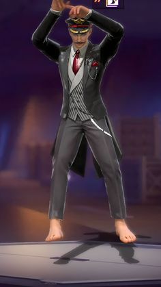 an animated image of a man in a suit and tie saluting with his hands behind his head