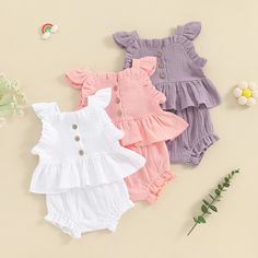 Dress up your little one in this cute CLAIRE Ruffle Outfit! Featuring a stylish ruffle design perfect for her playtime and summer adventures. It's a must-have for your little fashionista! Short Sleeve Ruffle Bubble Romper For Playdate, Short Sleeve Bubble Romper With Ruffles For Playdate, Flutter Sleeve Bubble Romper With Ruffles For Playtime, Cute Cotton Bubble Romper With Flutter Sleeves, Spring Vacation Bubble Romper With Ruffles, Cute Ruffled Sets For Playwear, Cute Ruffled Playwear Sets, Playful Cotton Bubble Romper With Flutter Sleeves, Cute Ruffled Bubble Romper For Vacation