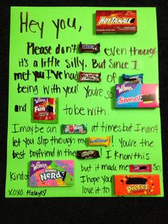 a green sign with candy bars on it and writing in black ink that says hey you, please don't