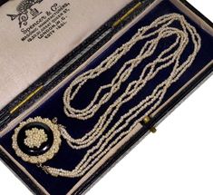 "Rare 3-strand seed pearl necklace C. 1800 - 1830's. The main attraction of the necklace is front push-in clasp. It is made of seed pearl wreath wrapped around polished black onyx dome with seed pearl bouquet in the center. The back and the clasp's tongue are made of 14K gold (tested). The necklace is made of 3 strands of glittering seed pearls. It is 17\" around neck. The clasp is approx. 1\" diameter. The necklace weighs 11.7 grams. Very good antique condition. Antique jewelry box shown for di Antique Pearl Necklace For Formal Occasions, Victorian Pearl Necklace For Formal Occasions, Victorian Style Formal Pearl Necklace, Victorian Pearl Necklace With Pearl Pendant, Antique Beaded Jewelry For Formal Occasions, Victorian Beaded Jewelry For Formal Occasions, Vintage Pearl Pendant Jewelry With Round Beads, Antique Beaded Jewelry For Evening, Victorian Round Necklaces For Evening