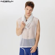 2024 Men's Tank Tops Mesh Hollow Out Turtleneck Sleeveless Male Vests Streetwear Transparent Fashion Turtleneck Sleeveless, Transparent Fashion, Men's Tank, Mens Vest, Men Clothing, Mens Clothing Styles, Mens Tank Tops, Turtle Neck, Street Wear