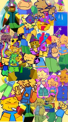 a collage of cartoon characters in different colors