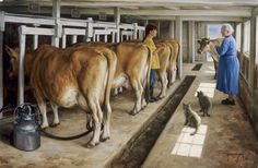 an oil painting of cows being milked by two women and a cat in a barn