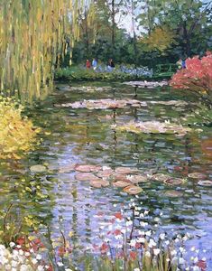 a painting of water lilies and trees