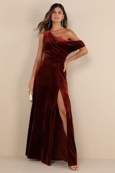 Coveted Confidence Rust Orange Velvet Asymmetrical Maxi Dress Rust Orange Dress, Wine Maxi Dress, Asymmetrical Maxi Dress, Max Dress, Velvet Corset, Wine Dress, Red Bridesmaid Dresses, Velvet Maxi Dress, Orange Velvet