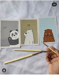 three pictures of bears and pandas with pencils in front of them on a white sheet