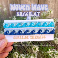 three beaded headbands in blue and white with words woven wave, bracelet & surfside threads