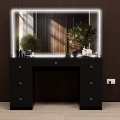 a desk with a mirror and lights on it