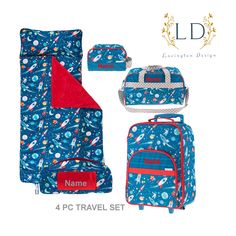 four piece luggage set with outer space theme and name on the front, blue background