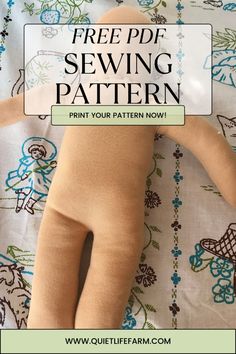 a baby doll laying on top of a bed with the words free sewing pattern printed over it