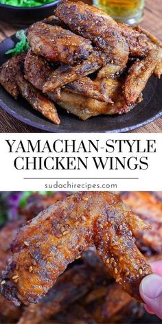 an image of some food that is on a plate and the words yamachan style chicken wings