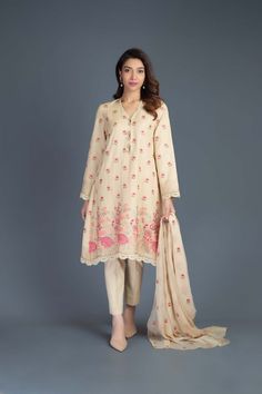 Bareeze Chinese Vision Mc643 Beige Collection 2021 Beige Cotton Dress With Resham Embroidery, Beige Long Sleeve Cotton Lawn Suit, Beige Long Sleeve Lawn Suit For Spring, Long Sleeve Cambric Dresses For Spring, Spring Cambric Dresses With Long Sleeves, Spring Long Sleeve Cambric Dress, Fitted Cotton Salwar Kameez With Naqshi Detail, Beige Cotton Lawn Suit For Summer, Spring Beige Dabka Sets