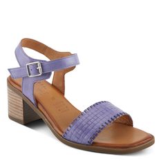 PURPLE Leather Sandals With Arch Support And Block Heel, Comfortable Leather Heels For Vacation, Spring Step Shoes, Size Chart For Kids, Buckled Heels, Womens Size Chart, Dress Sandals, Stacked Heel, Embossed Leather