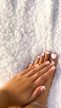 Matching Nails And Feet Set, French Hands And Toes, Cute Nail And Toe Sets, Matching Nail And Toe Sets Spring, Mani Pedi Set Ideas, French Tip Matching Nails And Toes, Feet And Nails Matching French Tip, Nail Toe Combo, Pedicure And Nails Matching