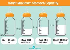 three baby bottles filled with liquid and the words infant maximum stomach capacity in each bottle