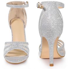 These stunning summer sandals are perfect for any occasion. The glittering fabric adds a touch of elegance, while the slim ankle strap and stiletto heel provide a flattering silhouette. The upper straps and mesh detailing give a luxurious feel to these sandals. The design features of these glitter women's heels include a strappy upper, mesh detailing, stiletto heel, and ankle strap. The vamp is made of glitter and mesh, while the outsole is made of rubber and the heel is made of ABS. The heel he Sparkle High Heels, Glitter Sandals, Glitter Heels, Mesh Shoes, The Vamps, Strappy Heels, Sandals Summer, Womens Heels, Open Toe