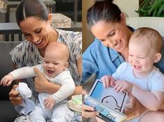 a woman holding a baby and smiling at the camera while she holds an electronic device in her lap