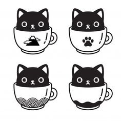 four black and white cats in coffee cups