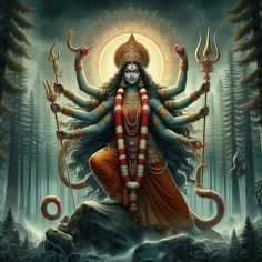 the hindu goddess sitting on top of a rock with her arms outstretched in front of her body