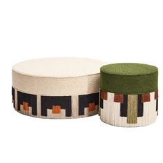 two round ottomans with different colors and designs on the top one has a green cushion