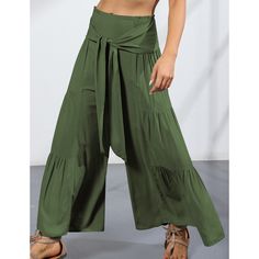 Army Green Smocked High Waist Palazzo Pants with Tie Bohemian Summer Bottoms In Solid Color, Bohemian Solid Color Summer Bottoms, Solid Color Bohemian Wide Leg Pants For Vacation, Bohemian Solid Color Wide Leg Pants For Vacation, Bohemian Style Solid Color Wide Leg Pants For Vacation, Bohemian Solid Color Harem Pants For Vacation, Bohemian Summer Pants In Solid Color, Bohemian Summer Pants, Summer Harem Pants With Pockets