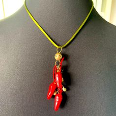 Necklace Red Chili Peppers Pendant Choker Necklace Green Satin Cord 16” 2” Extension Chain Lobster Clasp Nwot Handmade Vintage Chili Pepper Charms Made Into Necklace Pendant Pendant Choker Necklace, Red Chili Peppers, Pendant Choker, Necklace Red, Necklace Green, Red Chili, Chili Peppers, Green Necklace, Chili Pepper