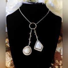 New In Gift Box Handcrafted 925 Sterling Silver Overlay Natural Rainbow Moonstone Bali Style Dangling Necklace. Measures 24” +1.5” Extension Chain. Complete Your Look With The Matching Ring, Bracelet And Earrings (Sold Separate). Thank You For Looking At Our Collection. All The Jewelry Is New Without Tags And All The Pictures Are Of The Actual Item. Ref#500. Dangling Necklace, Bali Style, Bali Fashion, Matching Ring, Natural Rainbow, Matching Rings, Rainbow Moonstone, White Silver, Ring Bracelet