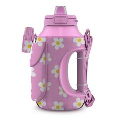 a pink and white flowered water bottle with a strap around it's neck