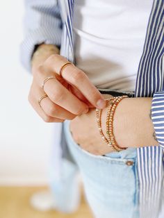 We have teamed up with Simple Joys Shop to bring you a collaboration of premium beaded gold filled wrist wear. These bracelets are created custom to your wrist size. ∙ D E T A I L S ∙ - 3mm bead size- Your choice of beaded gemstone- 18k Gold Filled Beads- Made with strong stretch cord to your custom size! Whats your size? It's super simple to measure. Grab a piece of yarn or flexible fabric and wrap it around your wrist (keep it neutral, not too tight and not too loose). Make a mark on the fabric & measure against a ruler! Always round up if you're between sizes :) ∙ G O L D ∙ F I L L E D ∙ Gold-filled components contain 100+ times more real gold than gold-plated components and are both durable and tarnish resistant. It is more affordable and accessible than solid gold but higher quality t Everyday Stackable Beaded Bangle Bracelets, Adjustable Yellow Gold Stackable Beaded Bracelets, Adjustable Stackable Yellow Gold Beaded Bracelets, Stackable Adjustable Yellow Gold Beaded Bracelets, Stackable 14k Gold-filled Beaded Bracelets, Adjustable Stackable Rondelle Bracelets, Adjustable 14k Gold Filled Beaded Bracelets With Spacer Beads, Everyday Bracelets With 14k Gold Beads, Adjustable 14k Gold-filled Faceted Beaded Bracelets