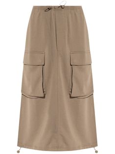 beige brown cotton blend jersey texture high-waisted drawstring fastening waist two side slit pockets two side cargo pockets double drawstring hem mid-calf length Beige Cargo Skirt, High Waist Midi Skirt, Beige Cargo, Khaki Skirt, Skirts Midi High Waisted, Yoko London, City Dress, Cargo Skirt, Mm6 Maison Margiela